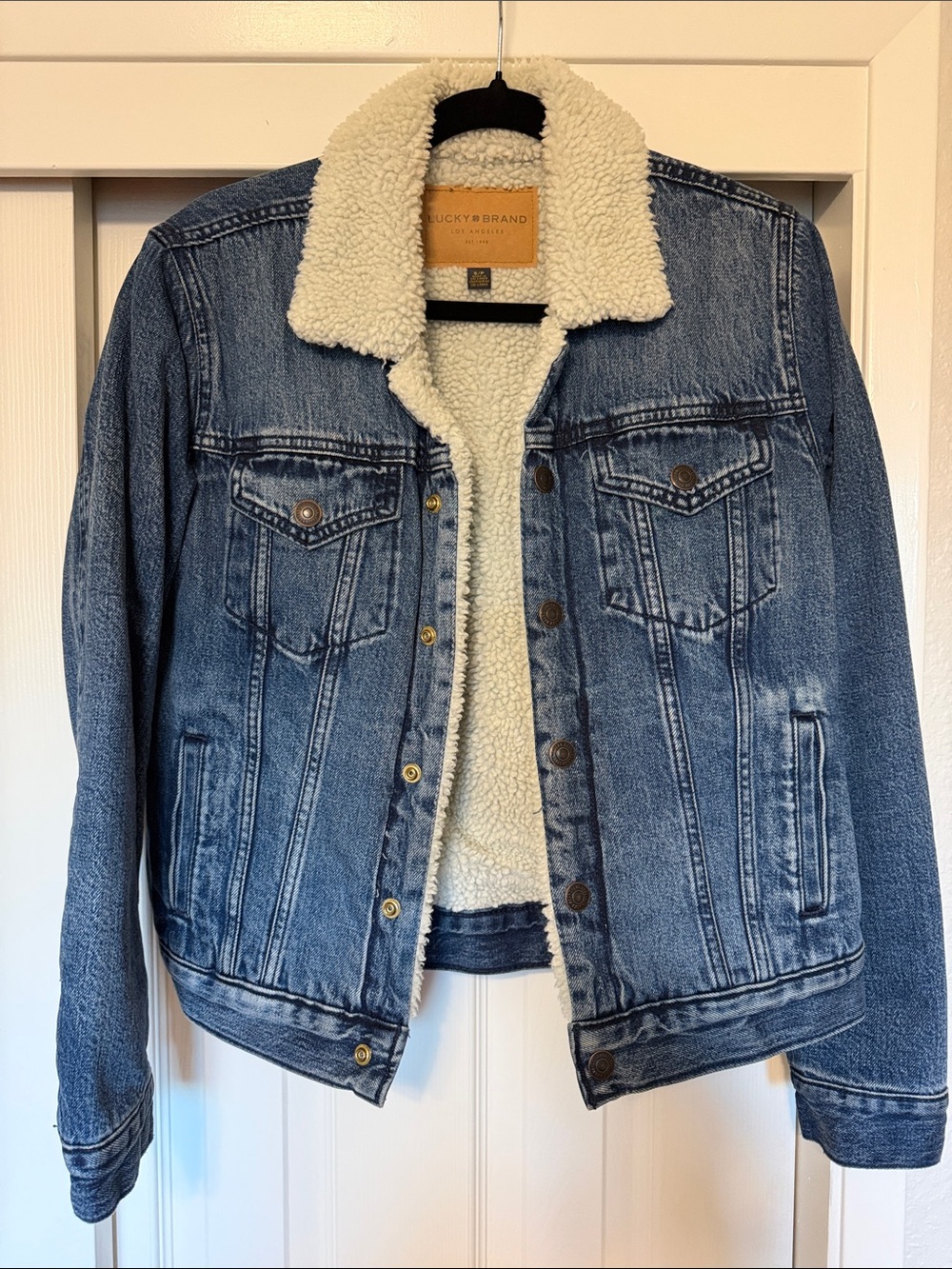 Lucky Brand Blue Denim Jacket with Cream Sherpa Collar